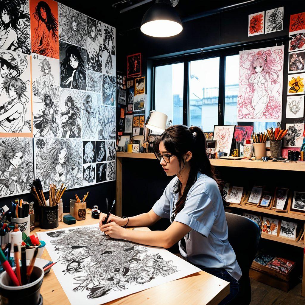 A captivating scene showcasing an artist's studio filled with vibrant sketches of adult comic characters. The artist is intensely focused on a colorful drawing board, surrounded by inspiration boards, ink bottles, and dynamic poses. Soft lighting accentuates the intricate details of hentai art, providing a glimpse into the creative process. Include a mix of playful and artistic elements to engage viewers. vibrant colors. super-realistic.
